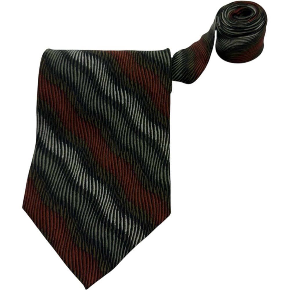 Jhane Barnes Green Brown Orange Abstract Stripe Pure Silk Necktie Made in Japan